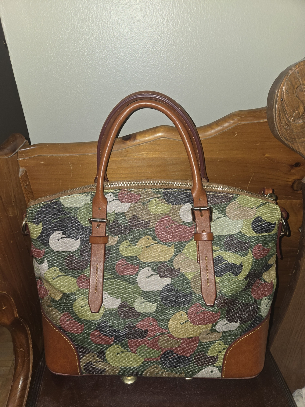 Dooney and Bourke Canvas Duck-Print Tote with Brown Leather Trim